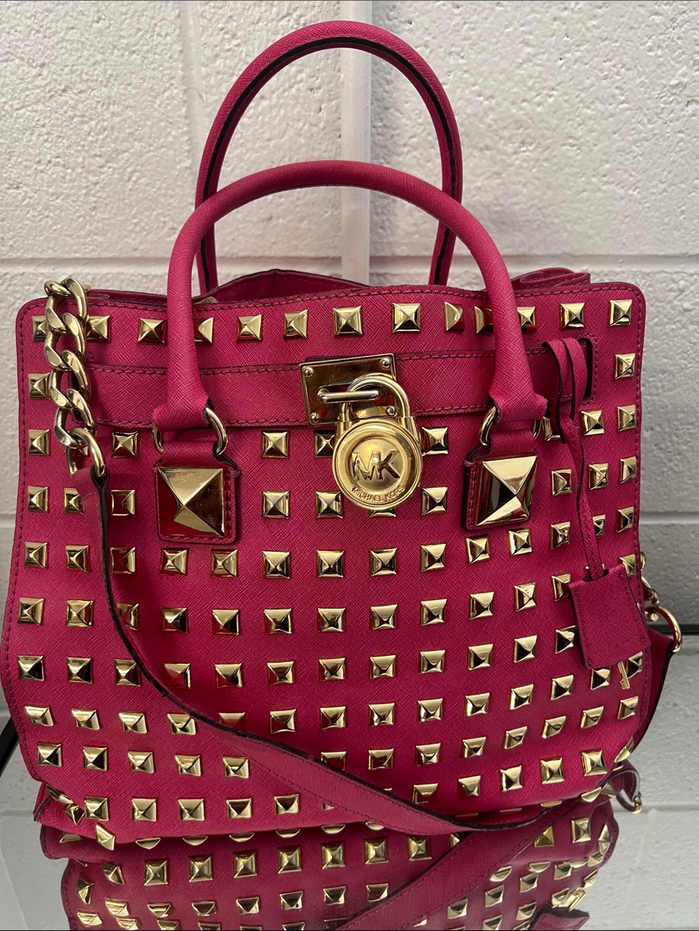 $1500 Michael Kors Hot Pink Leather Studded Satchel Hamilton limited edition